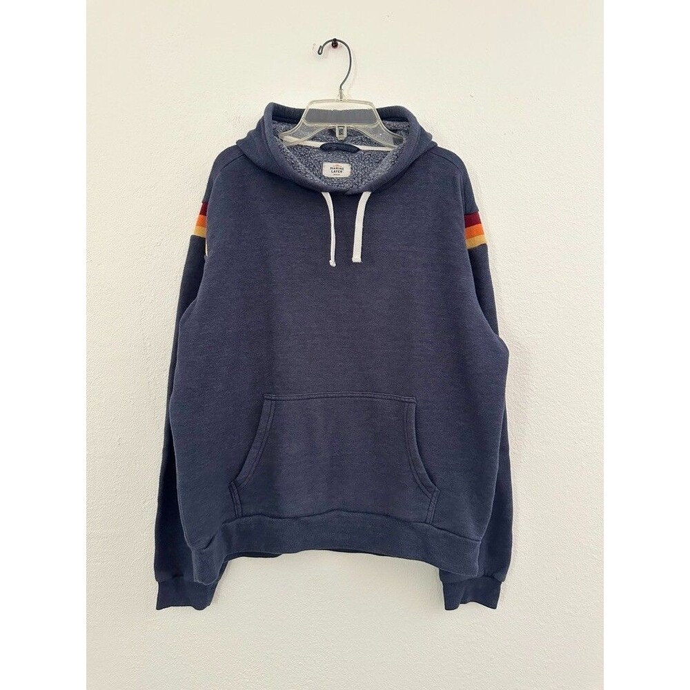 Marine Layer Banks Pullover Hoodie Blue Retro Rainbow Stripe Beach Men's Medium